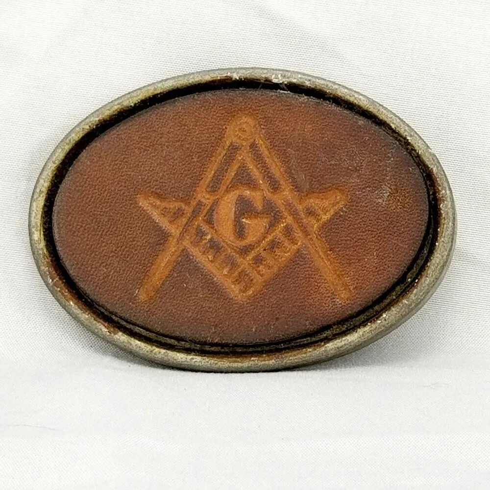 Belt‎ Buckle Mason Masonic Freemason Fraternal Square Compass Leather Metal Back